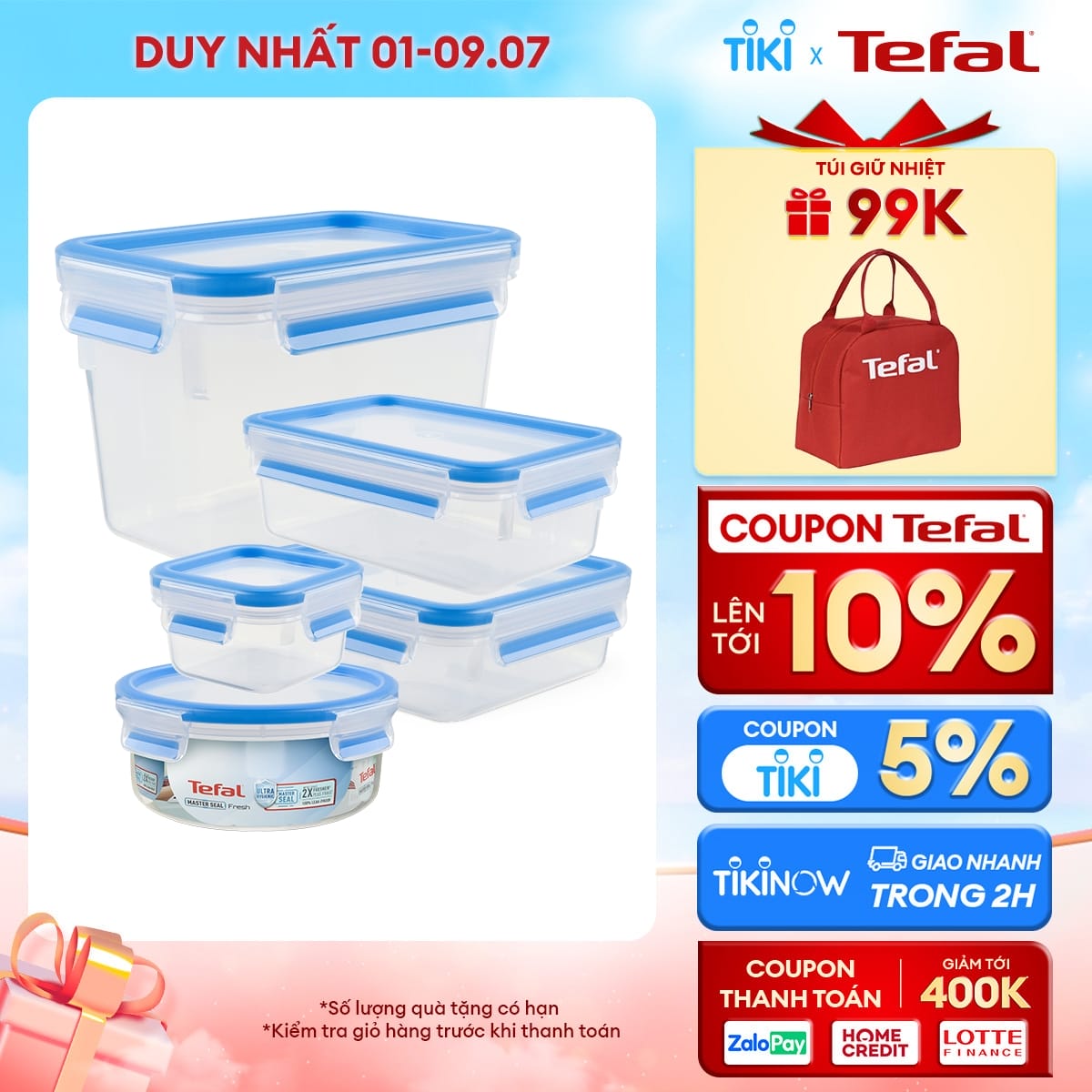 Bộ 5 hộp bảo quản thực phẩm nhựa BBA free, Tefal Masterseal Fresh, sản xuất tại Đức (850ml, 200ml, 850ml, 1000ml, 1100ml) - Hàng chính hãng