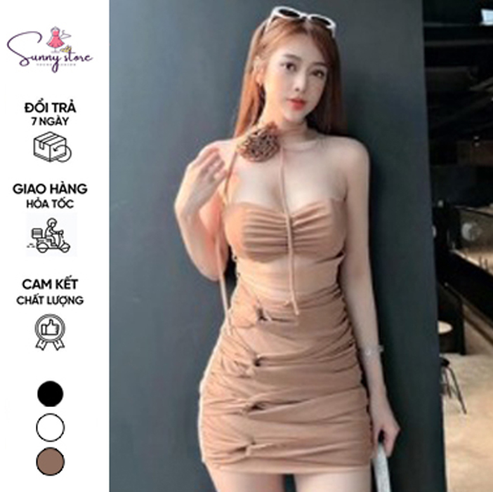 Đầm body cúp thun tăm gân kèm hoa cổ
