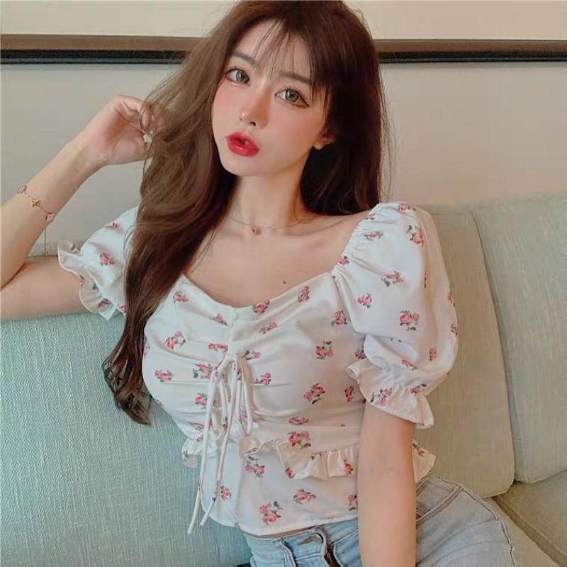 Áo croptop hoa tay bồng thắt nơ ngực 2021