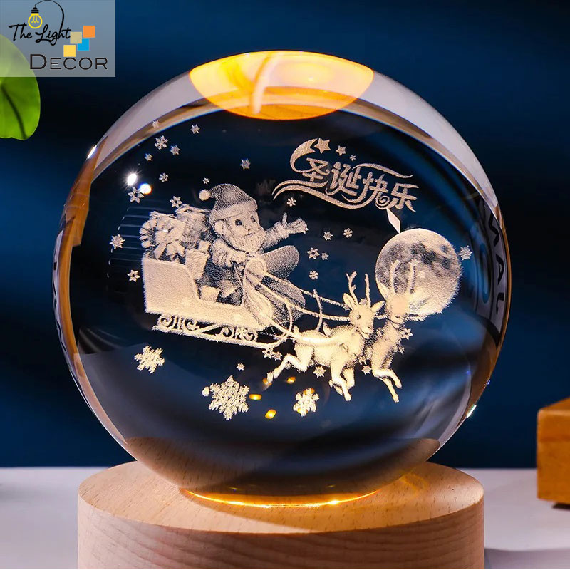 Bộ Quà Tặng Giáng Sinh 2023 Quả Cầu Pha Lê 3D Đèn Led Noel 6cm (Kèm đế đèn + hộp quà)