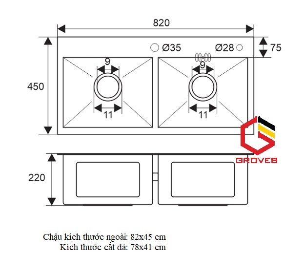 CHẬU RỬA BÁT, CHÉN NANO HỐ CÂN GRBC7843CN