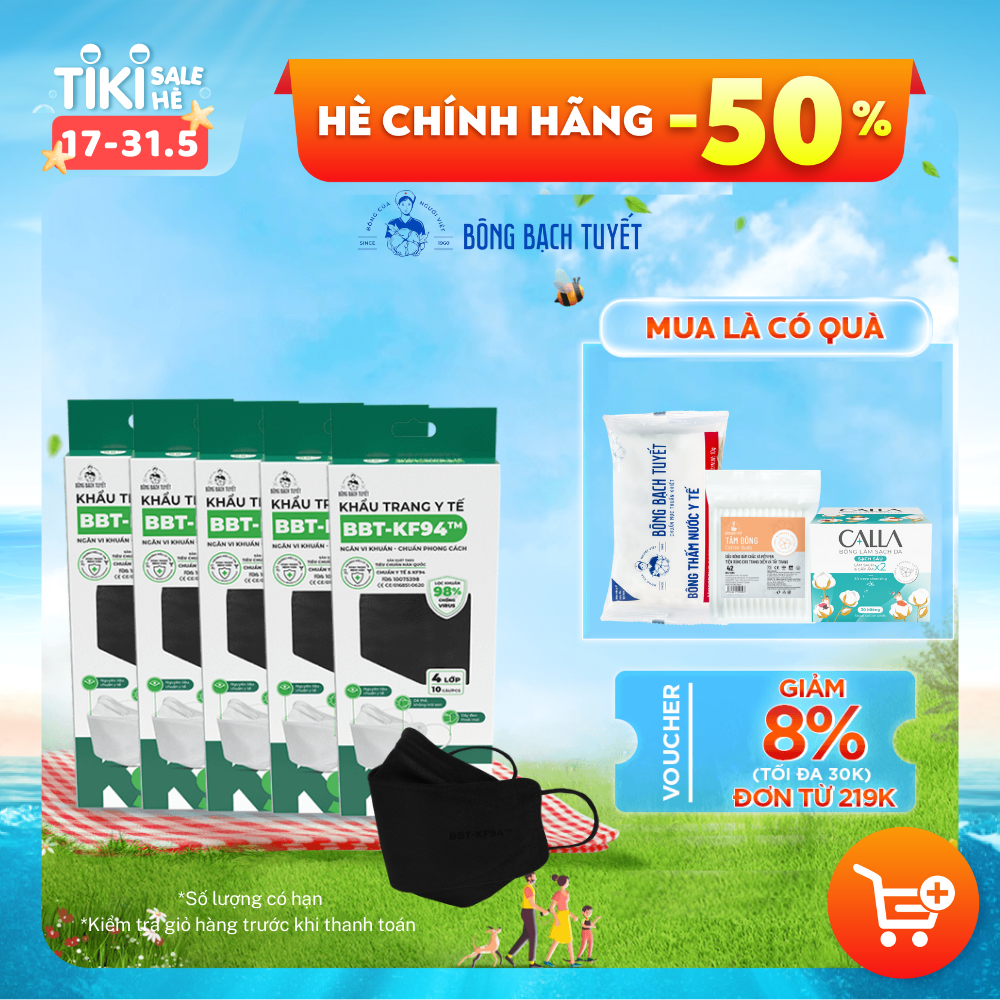 Combo 5 Gói Khẩu trang Bông Bạch Tuyết KF94 4 lớp - Đen (10 cái/gói)