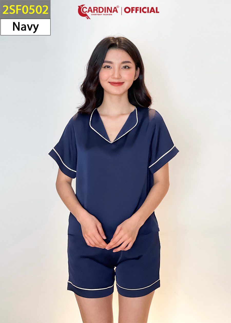 Đồ Bộ Nữ CARDINA Chất Lụa Satin Nhật Cao Cấp Áo Cộc Tay Cổ Bẹt Vai Quần Đùi Kẹp Viền Lé 2SF05