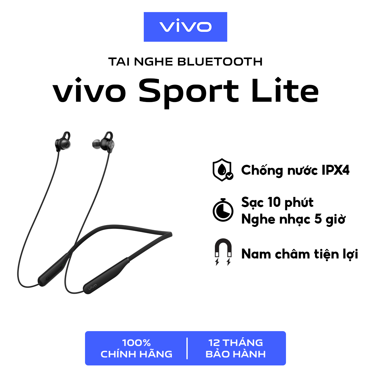 Tai nghe không dây vivo Sport Lite Bluetooth 5.0 Nam châm 2 đầu - Thời Gian Sử Dụng 18 Tiếng - Hàng Chính Hãng - Màu Đen/Xanh Lam