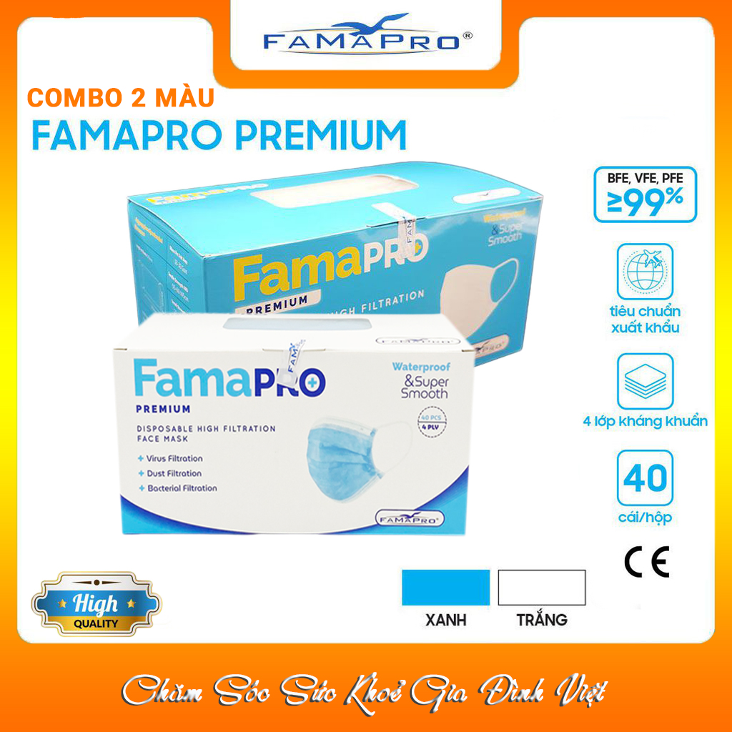 2 Hộp 2 Màu Khẩu Trang Y Tế Kháng Khuẩn Cao Cấp Famapro Premium/Kháng Virus, Bụi, Lọc Khuẩn 99%