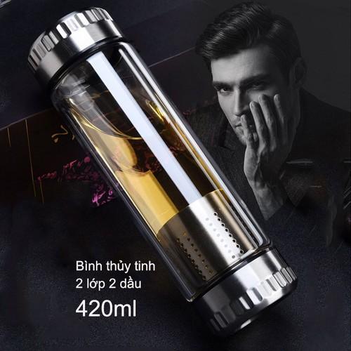 Bình thủy tinh 2 lớp 2 đầu kèm bộ lọc pha trà inox 304-420ml