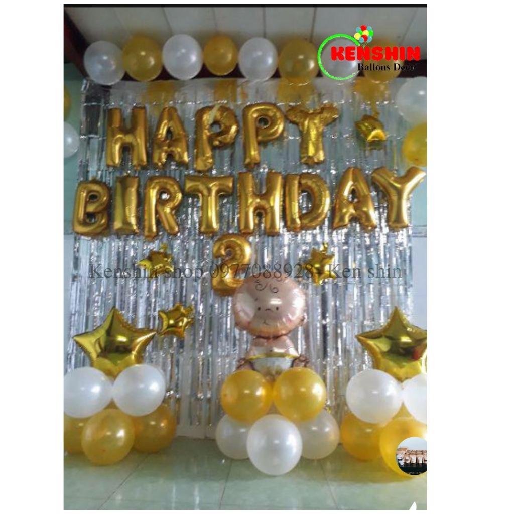 Set Bóng Trang Trí Sinh Nhật Gồm Bóng Chữ Happy Birthday, 2 Rèm Kim Tuyến 50 Bóng Bay cho Bé Trai, Bé Gái KS001