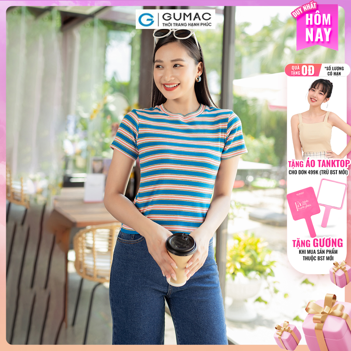Áo thun nữ gân sọc cổ tròn tay ngắn trẻ trung năng động thời trang GUMAC ATD07070