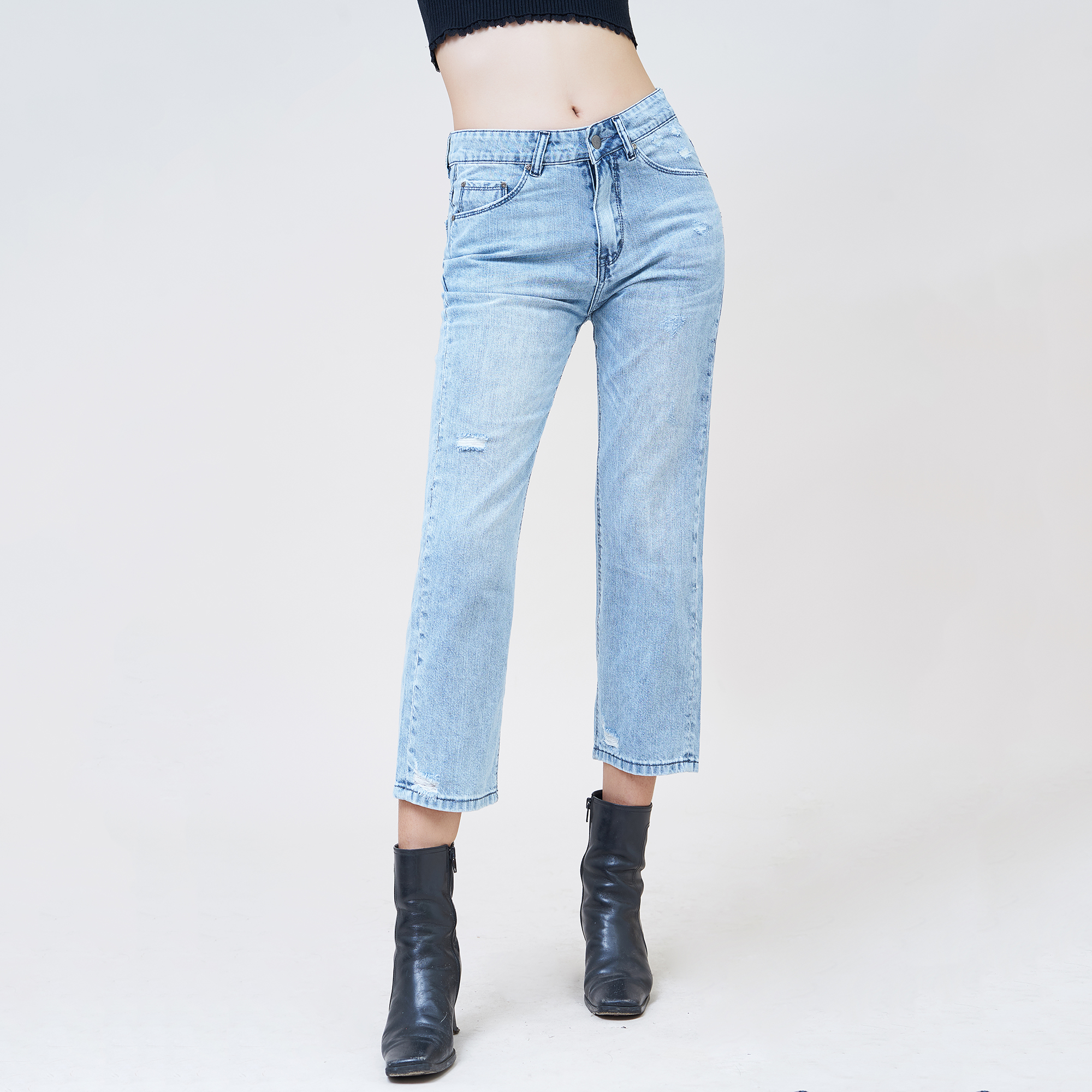 Quần jean nữ AAA JEANS boyfriend lưng cao rách silver blue