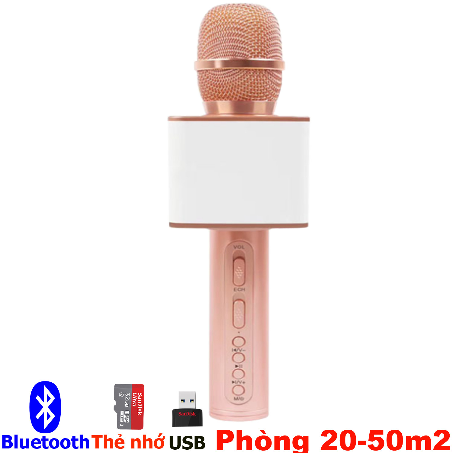 Micro bluetooth kiêm loa karaoke không dây nghe nhạc 08 auth 3 trong 1 Hồng