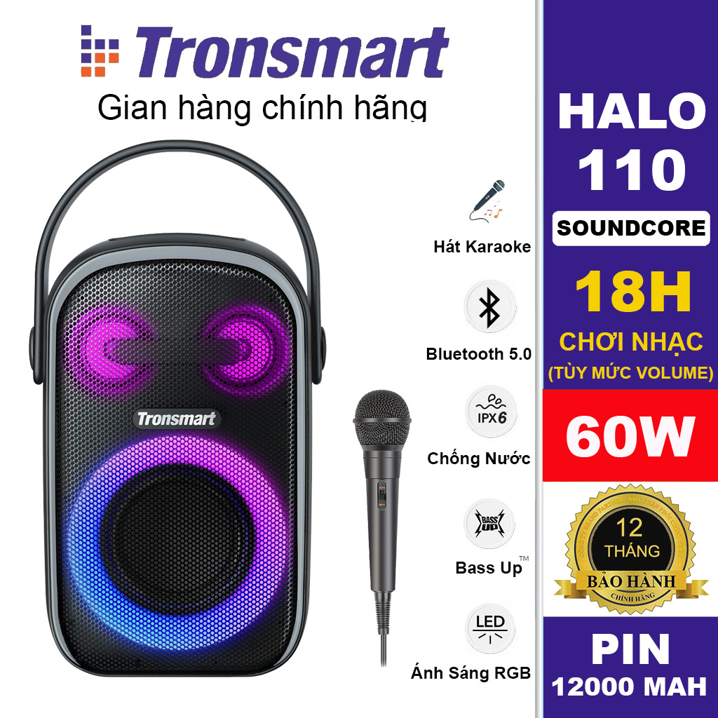 Loa Bluetooth 5.3 Karaoke Không Dây Tronsmart Halo 110 60W Kèm Micro Có Dây Hỗ Trợ Hát Karaoke Âm Thanh Nổi Cực Mạnh - Hàng chính hãng