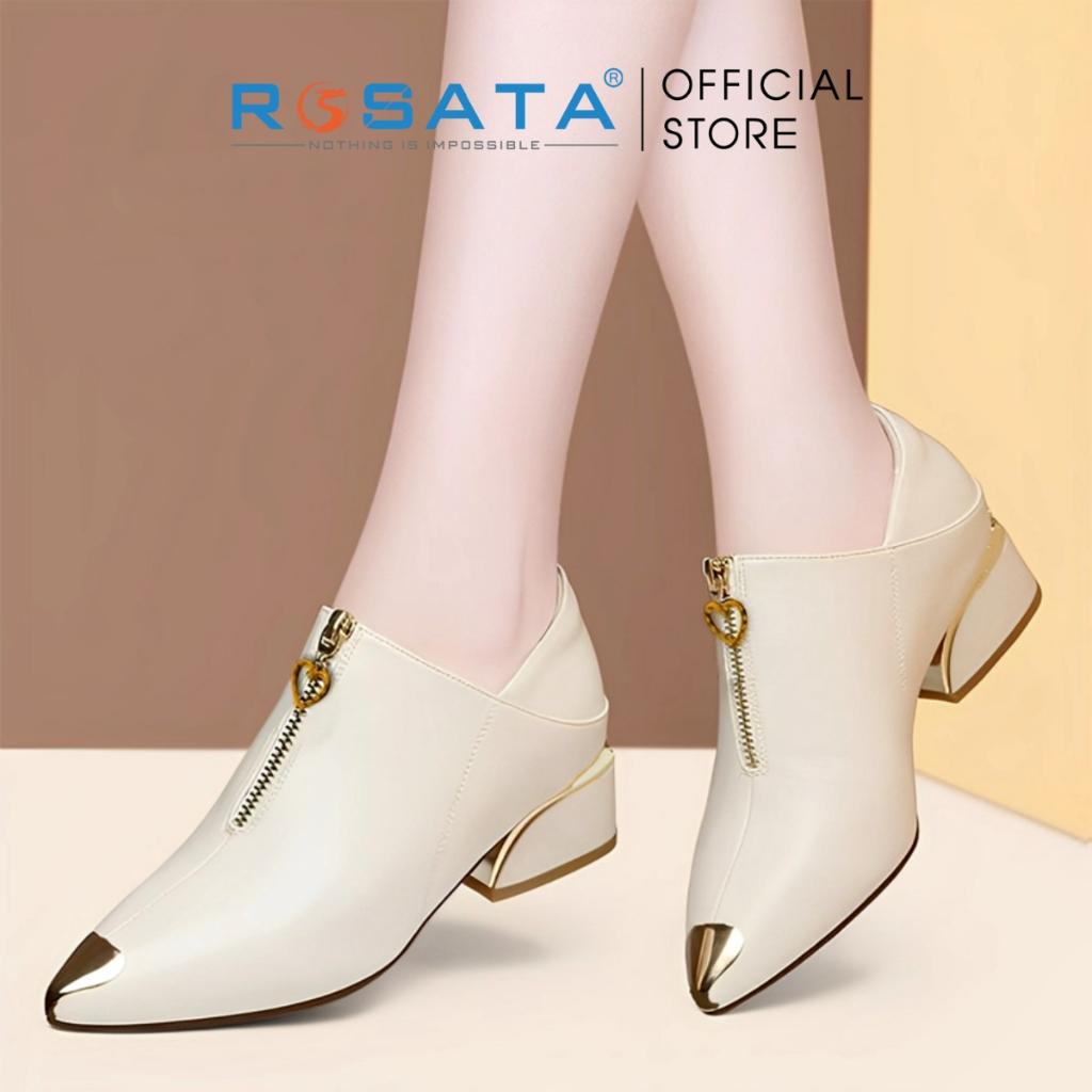 Giày bốt nữ ROSATA RO305 cổ thấp mũi nhọn họa tiết khóa kéo dọc chân viền vàng gót cao 4cm xuất xứ Việt Nam - Kem