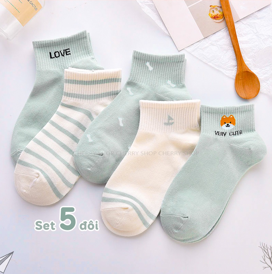 Tất nữ cổ ngắn Hàn Quốc cute set 5 đôi họa tiết hoạt hình chống trơn chống trượt 4018