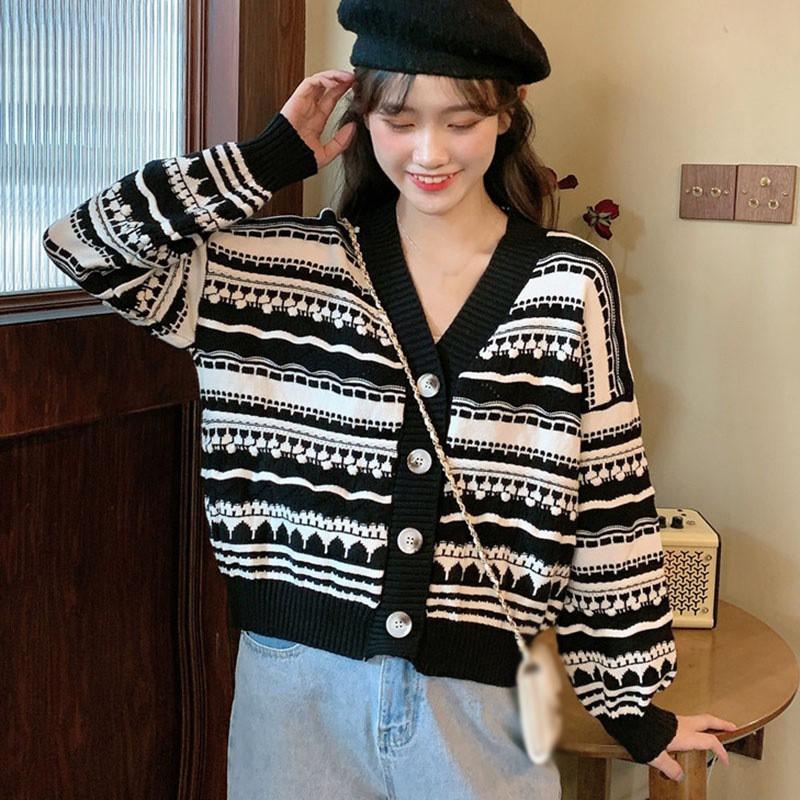 Áo Khoác Cardigan Dệt Kim Hoạ Tiết Kẻ Sọc Thiết Kế Cổ Chữ V Nữ Tính