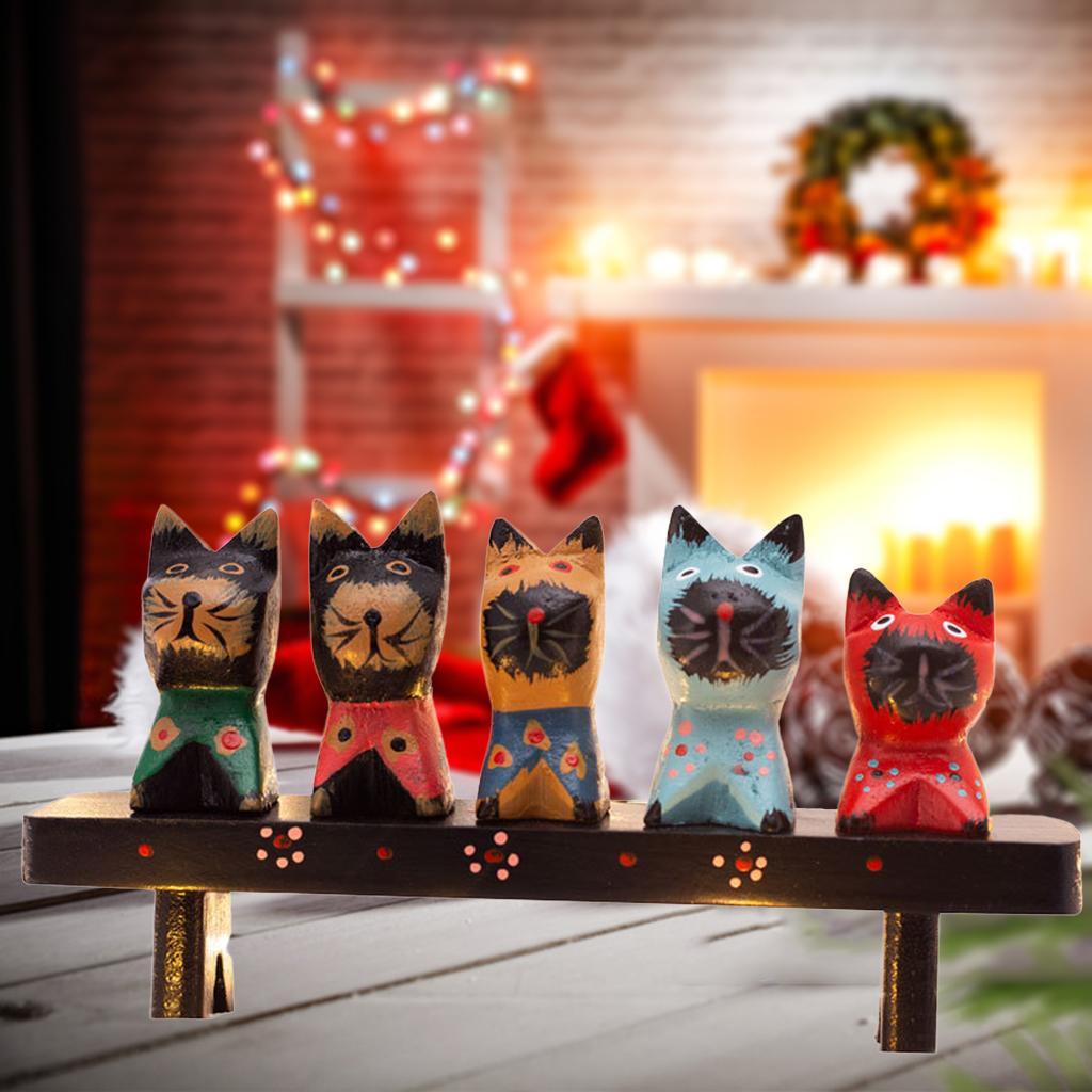 Wooden Cat Figurine Fairy Garden Statue Miniature Cat Figures Ornament Decor