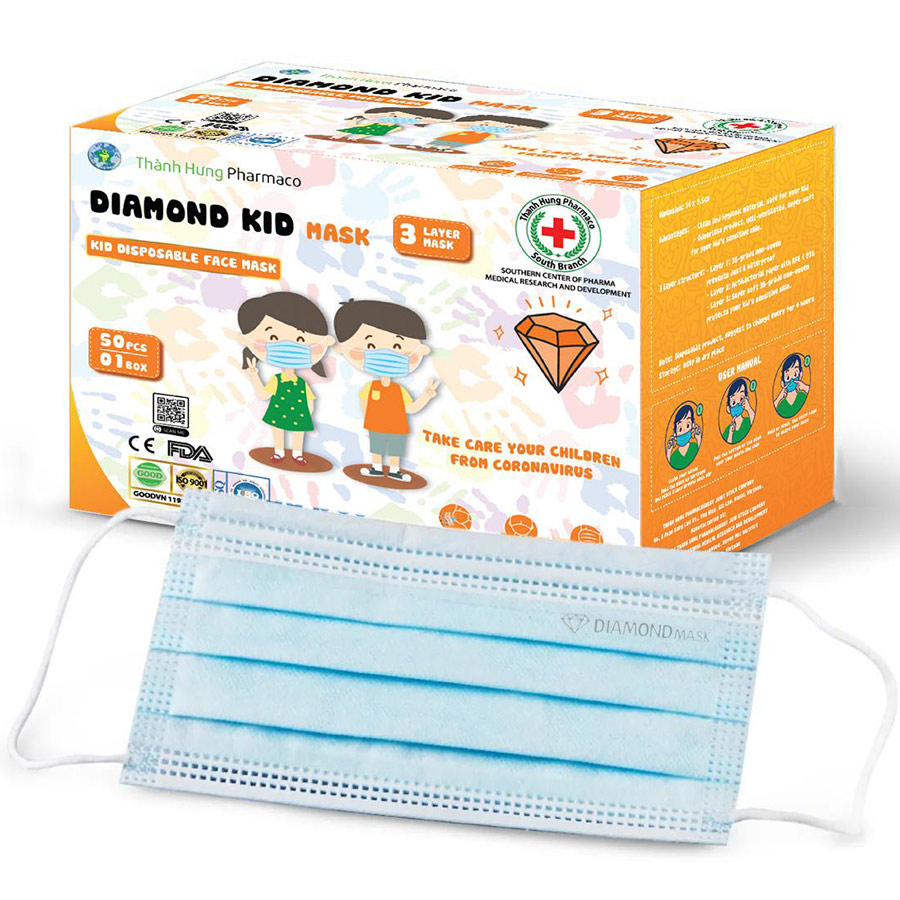 Khẩu Trang Y Tế Kháng Khuẩn Diamond Mask 3 Lớp Siêu Mềm Cho Trẻ Em 3+ Tuổi (Hộp 50 Cái)