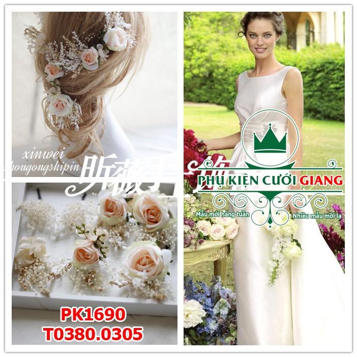 Bộ hoa hồng cỏ khô cài tóc cô dâu đẹp