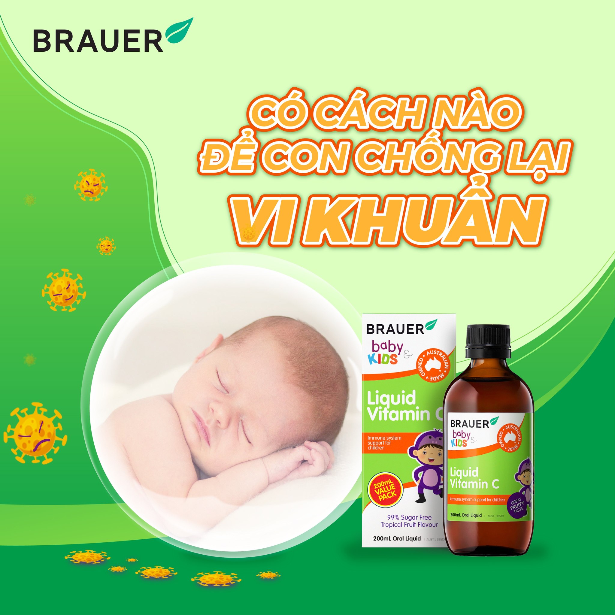 Vitamin C cho trẻ 1 - 13 tuổi Brauer Úc tăng đề kháng, tăng hệ miễn dịch, xương, răng chắc khỏe, nhanh lành vết thương (bệnh) - OZ Slim Store