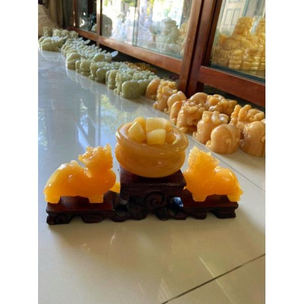 Bộ Tỳ Hưu 10cm + Bát tụ bảo 10cm + đế gỗ Đá ngọc Hoàng Long