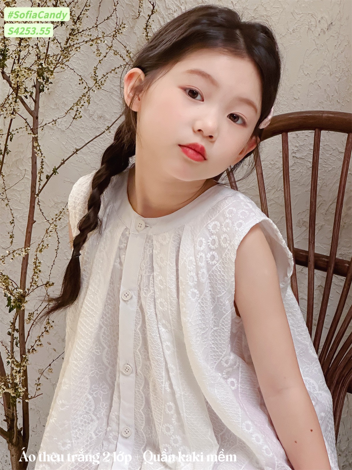 [Từ 1 đến 12 tuổi] Sét bộ tiểu thư trắng hồng bé gái thô cotton Hàn quần kaki áo thêu đi học đi chơi đến 40kg