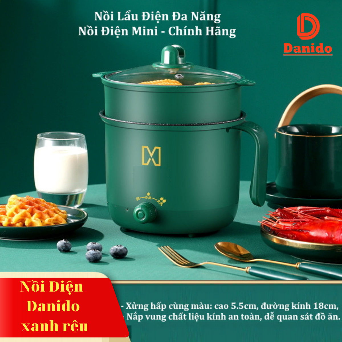 Nồi điện đa năng 1.3 Lít, nồi lẩu mini, ca nấu mì cao cấp 2 tầng - Nồi điện với 2 nấc nhiệt thế hệ mới có tay cầm - Hàng chính hãng D Danido (Logo hình ngẫu nhiên)