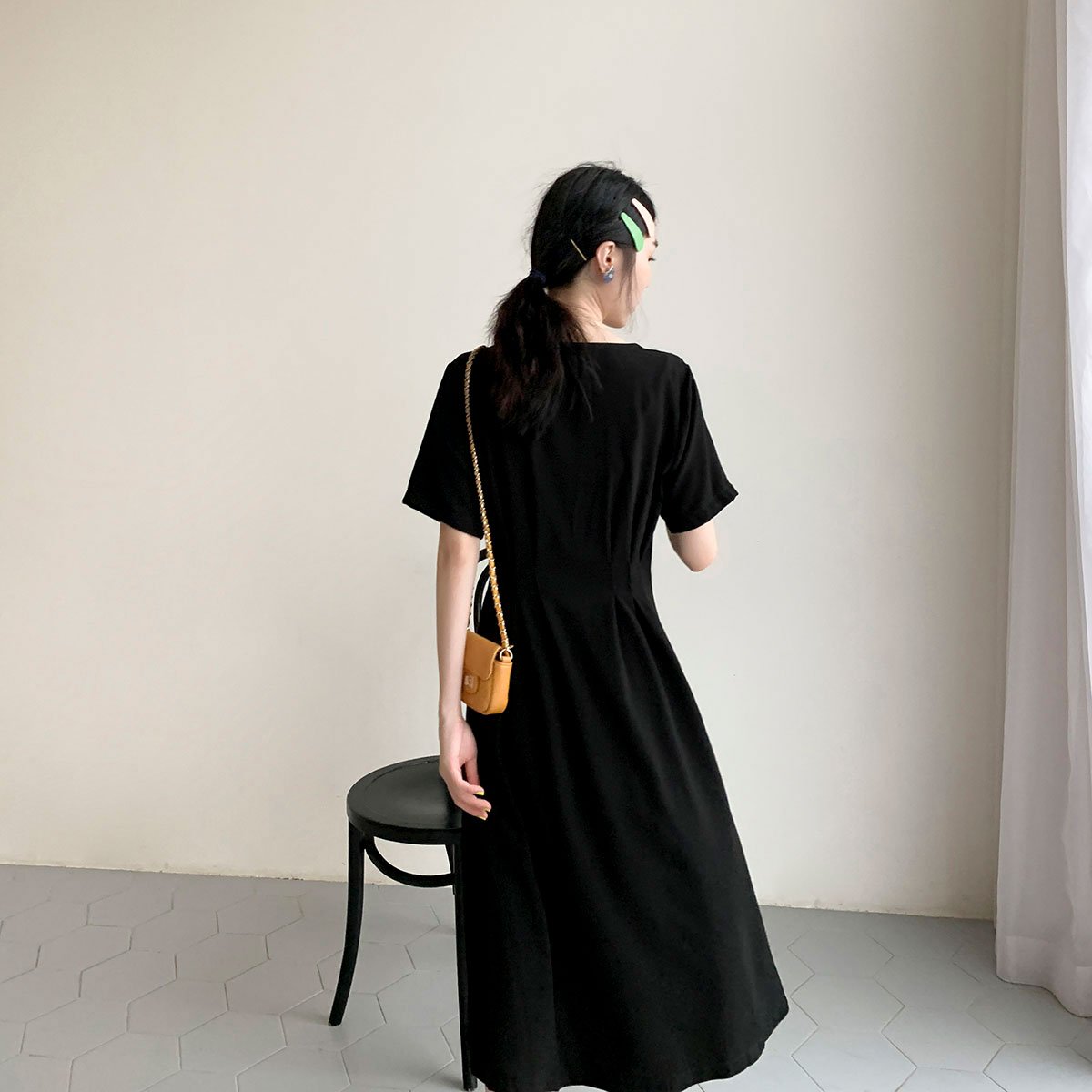 Váy sơ mi cổ V dáng suông dài basic vintage Hàn Quốc đơn giản nhẹ nhàng Đũi Việt DV194