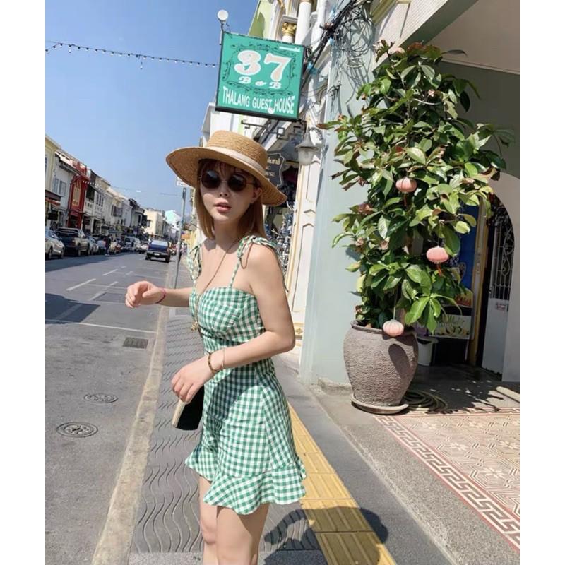 Đầm caro xanh 2dây