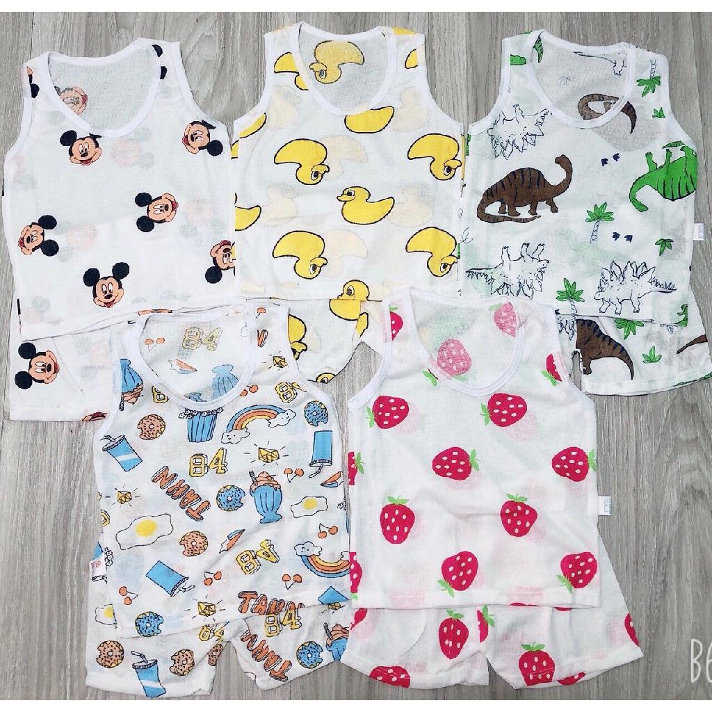 Đồ bộ ba lỗ chấy cotton thông hơi cho bé trai và bé gái từ sơ sinh đến 16kg