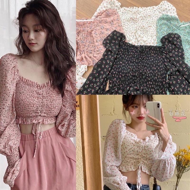 Áo croptop hoa nhí vintage chun bồng tay dài trễ Vai Thời Trang loại 1