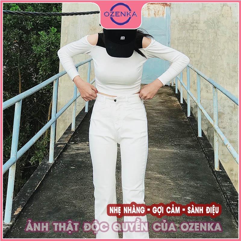 Áo croptop hở vai tay dài ôm nữ OZENKA thun gân đẹp 100% cotton cải màu sang chảnh size dưới 50 kg