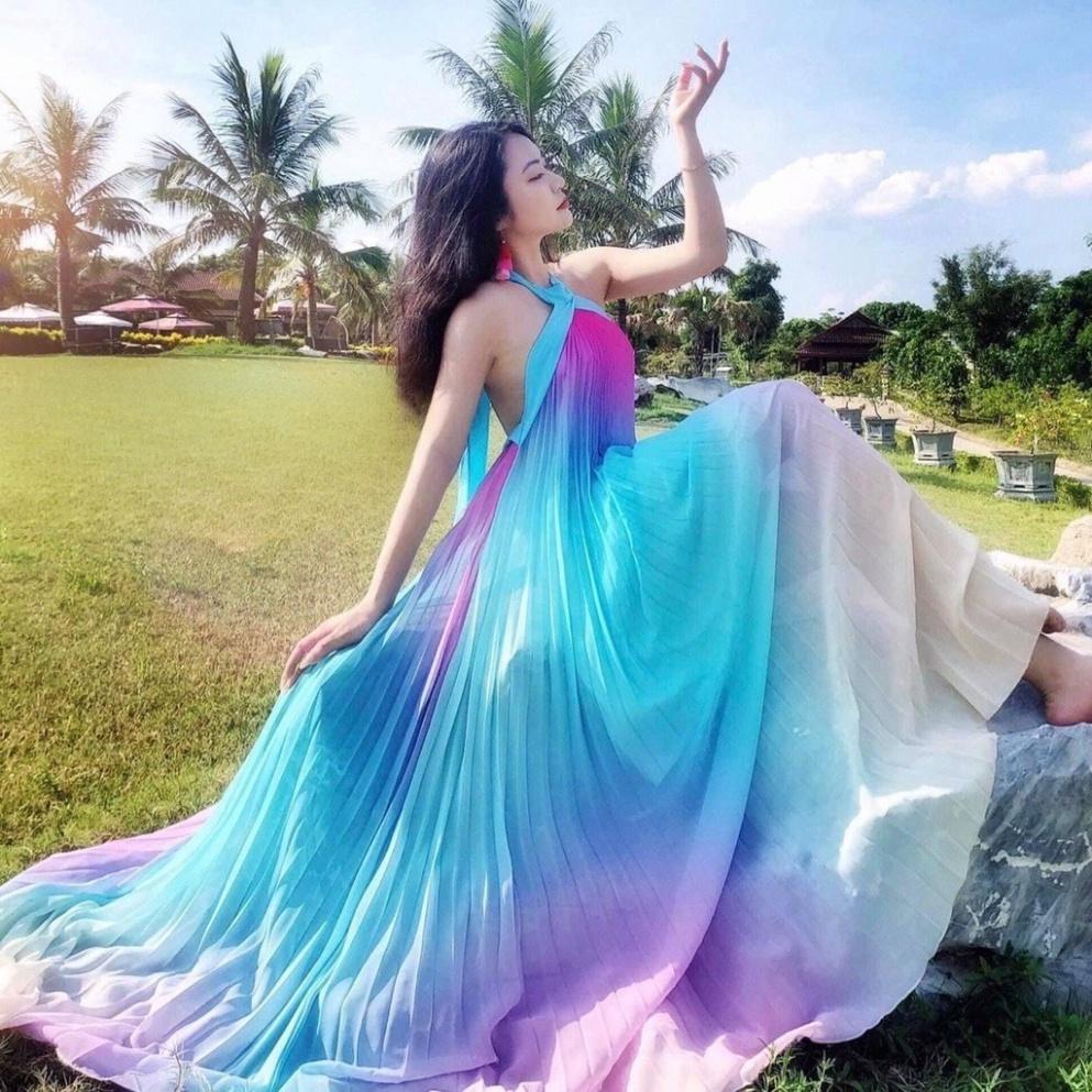 Đầm váy maxi loang màu xanh voan dập ly cổ yếm cột nơ hở lưng Ivy fashion đi biển dự tiệc dạo phố bigsize gợi cảm