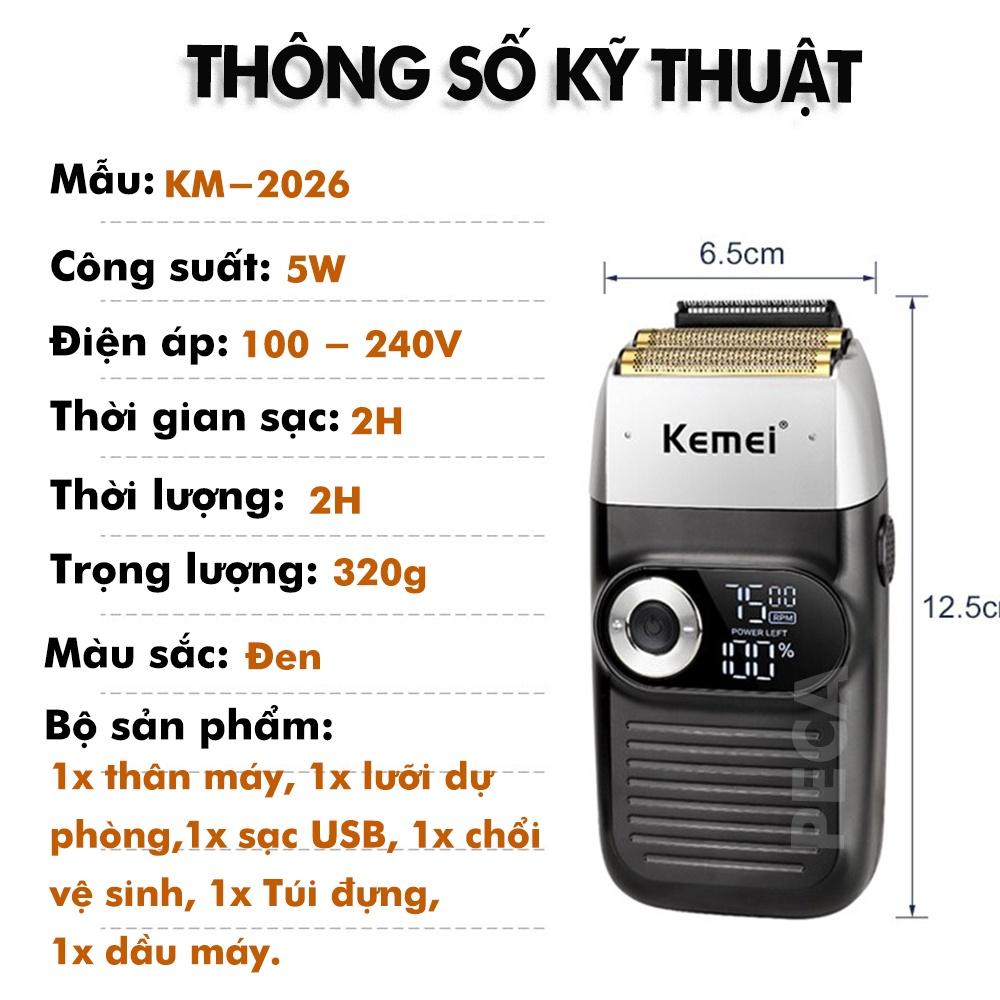 Máy cạo râu lưỡi kép 3 mức tốc độ Kemei KM-2026 màn hình LCD, công suất 5w mạnh mẽ dùng cạo trắng fade tóc, cạo trọc đầu tặng kèm lưỡi dự phòng