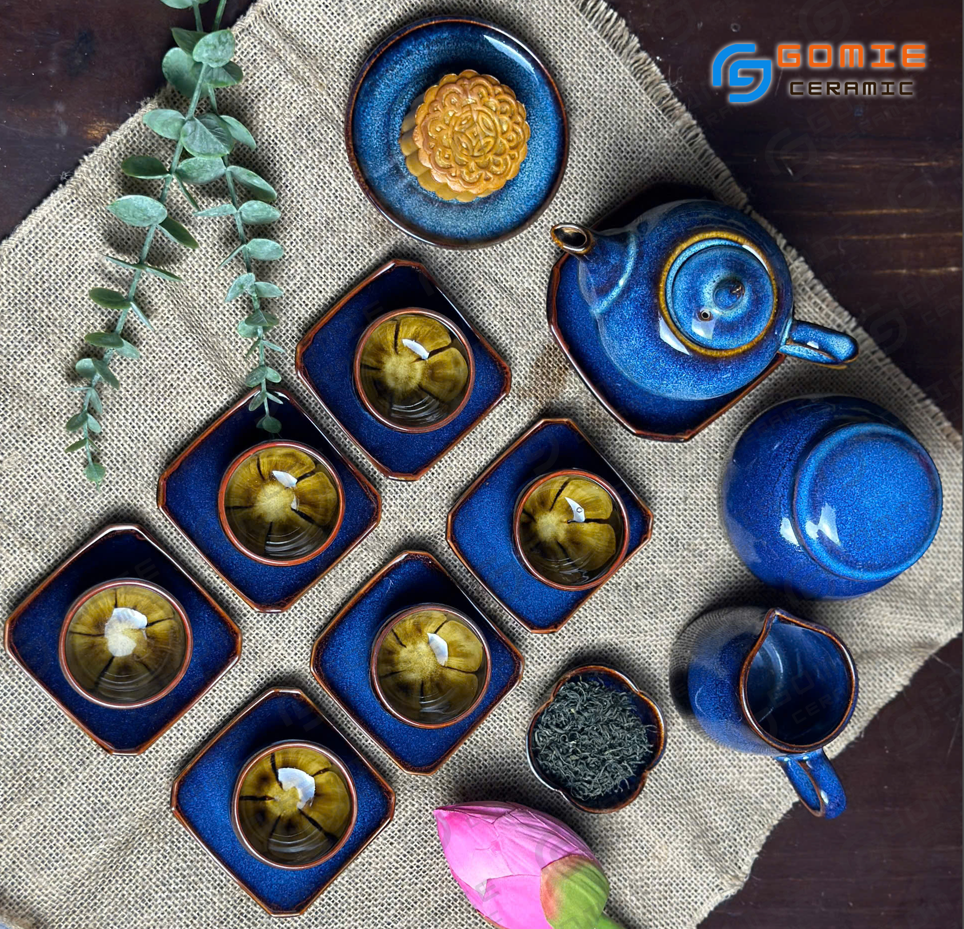 Bộ Ấm chóp lòng chén đúc hoa HB Xanh Sóng Biển đầy đủ phụ kiện
