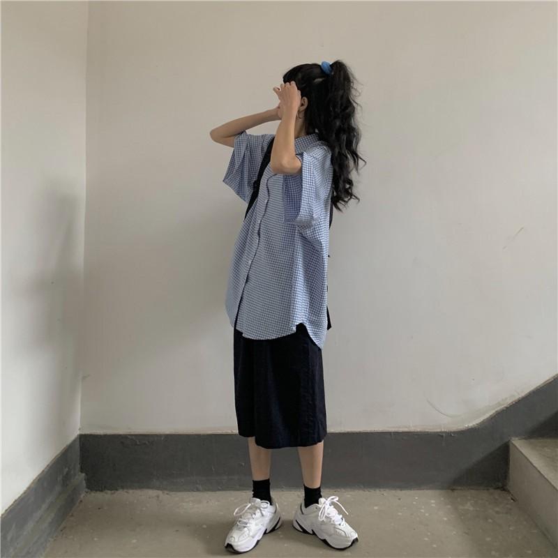 Áo sơ mi nữ cộc tay cổ bẻ kẻ sọc caro xanh form rộng style học sinh cá tính Hàn Quốc