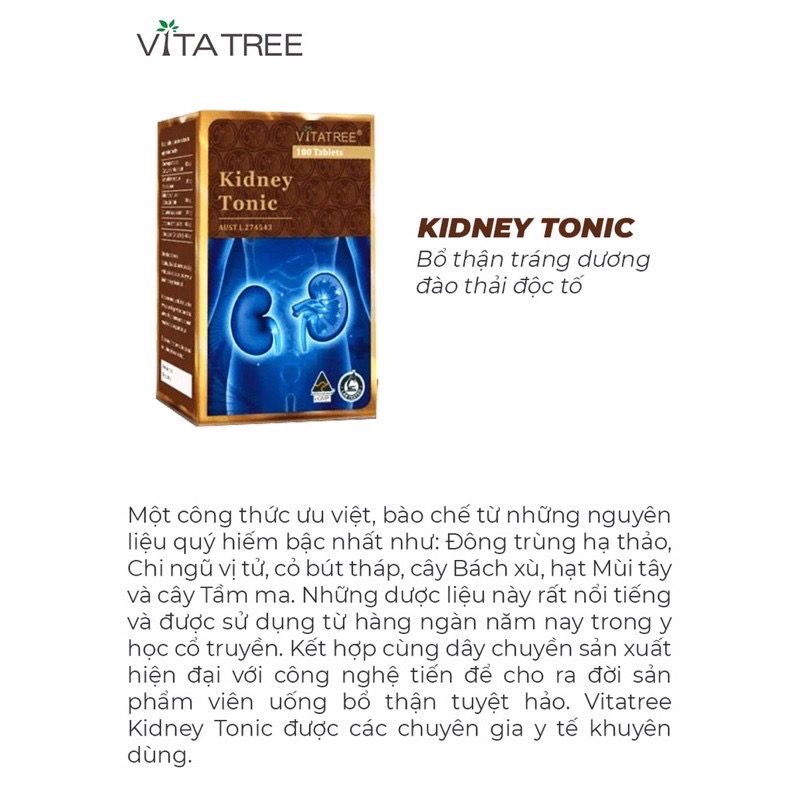 Viên uống bổ thận Vitatree kidney tonic, hộp 100v, nhập khẩu Úc
