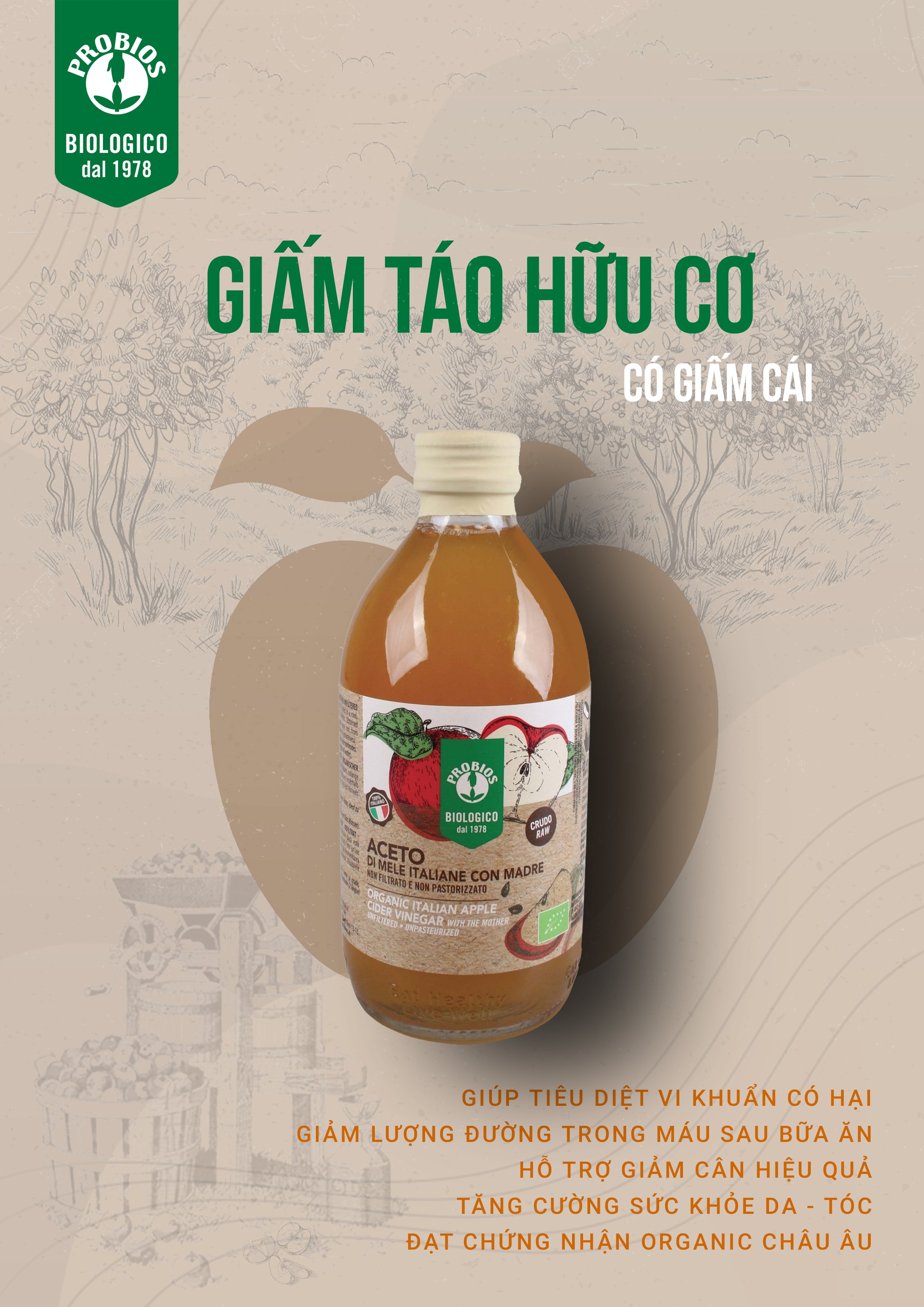 Giấm Táo Hữu Cơ Có Giấm Cái ProBios Organic Apple Cider Vinegar With The Mother