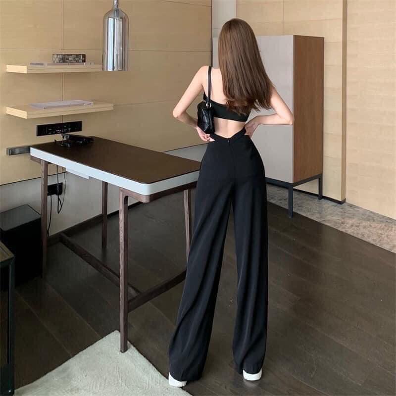 Quần ống rộng nữ suông dài cách điệu eo