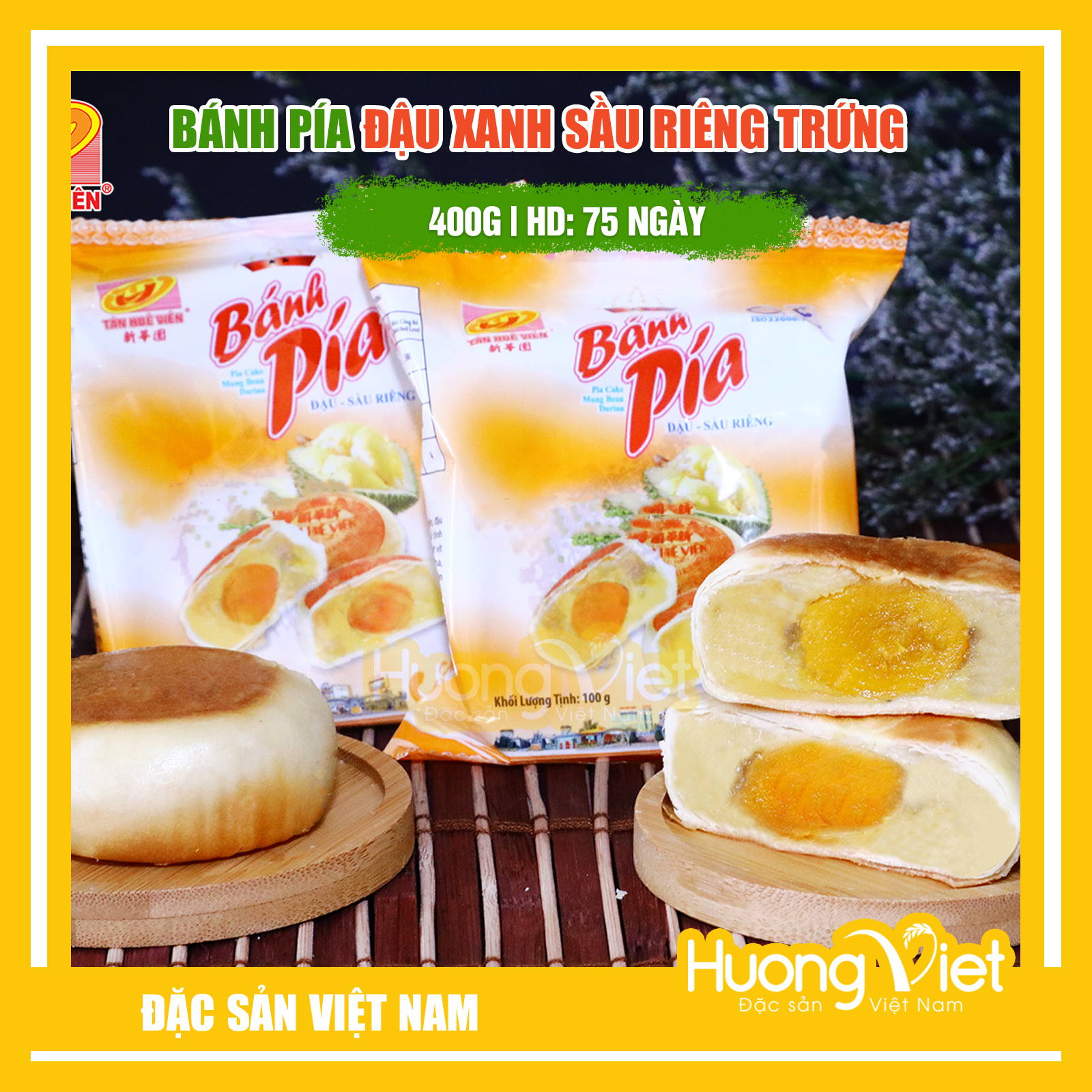 Đặc Sản Sóc Trăng - Bánh Pía Sóc Trăng Đậu Xanh Sầu Riêng Trứng Tân Huê Viên 400G, Bánh Pía Tân Huê Viên 2 Sao 1 Trứng