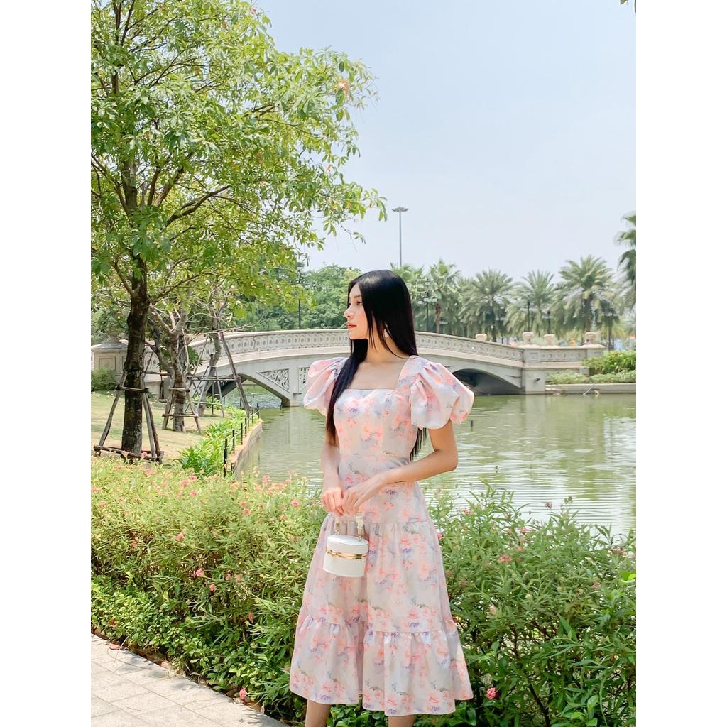 Đầm nữ MARC FASHION tay phồng cổ vuông họa tiết hoa 3 tầng