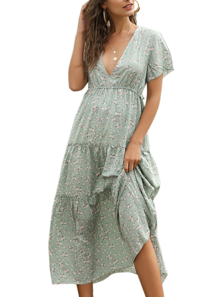 Boho Women Dress Floral Print Deep V Neck High Waist Ruffle Split Beach Maxi Gown Elegant Party One-Piece