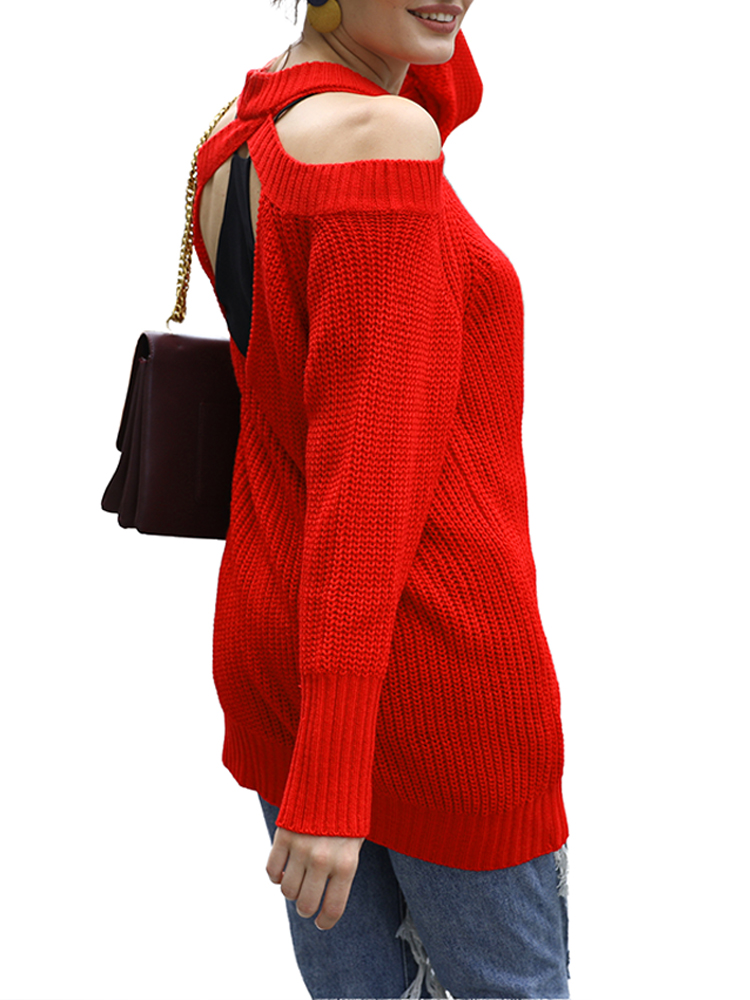 Women Sweater Solid Color Off-the-Shoulder Long Sleeve Open Back Ribbed Loose Casual Streetwear