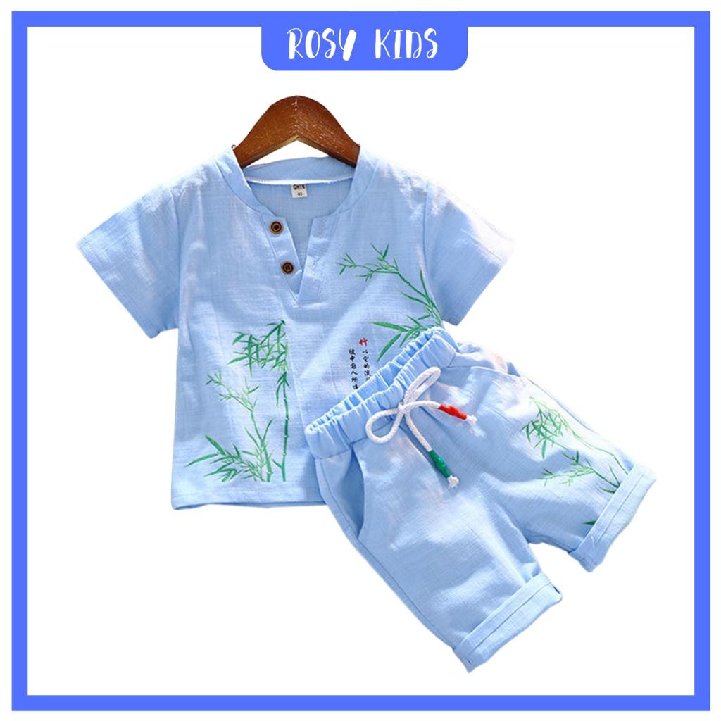 Bộ cộc tay cho bé ROSY KIDS , Bộ cộc tay cho bé trai chất đũi in hình cây tre cực đẹp cho bé từ 6-28kg