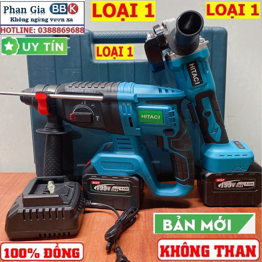 Bộ Combo 2 Máy Gồm Máy Khoan Đục Bê Tông Và Máy Cắt, Máy Mài Cầm Tay Dùng Pin 15 Cell 199V Lõi Đồng - Động Cơ Không Than