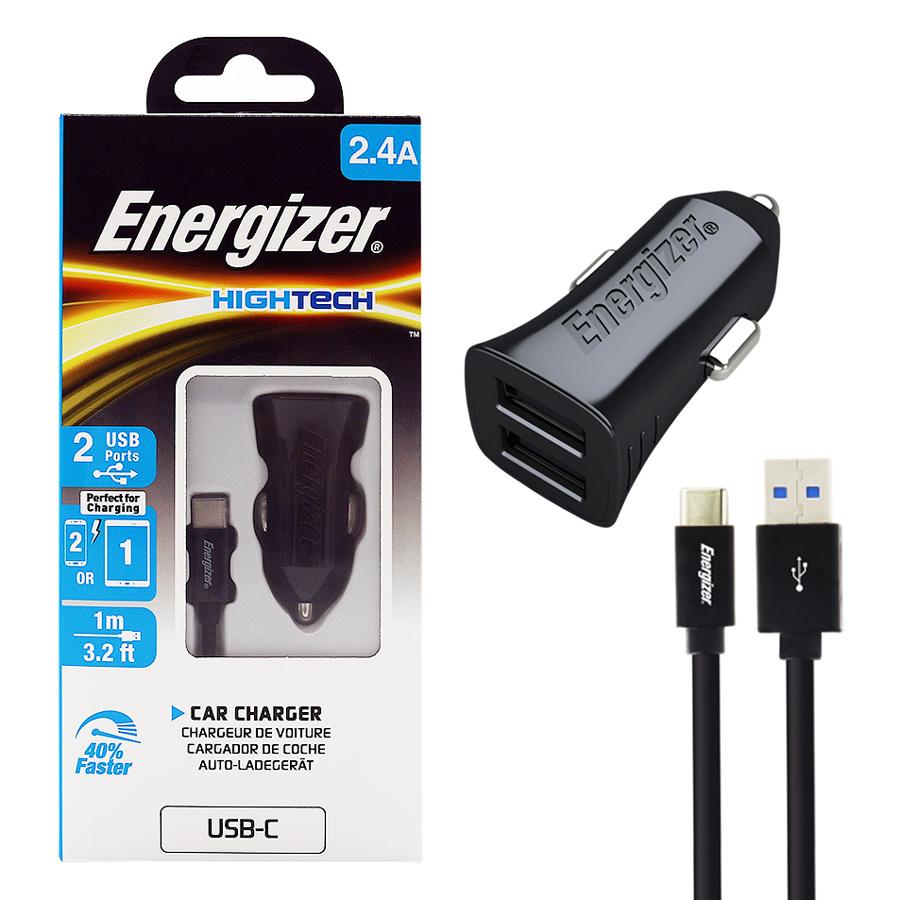 Bộ Adapter Sạc Xe Hơi 2.4A Và Cáp Sạc Type-C 2.0 Energizer DCA2BHC23 - Hàng Chính Hãng