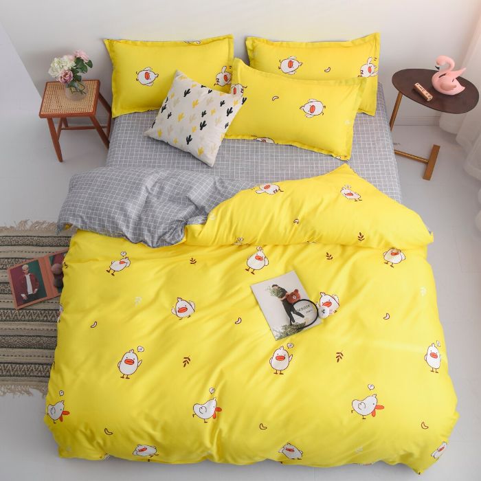Bộ chăn ga gối Cotton cao cấp 1m6x2m màu vàng họa tiết vịt con THC168