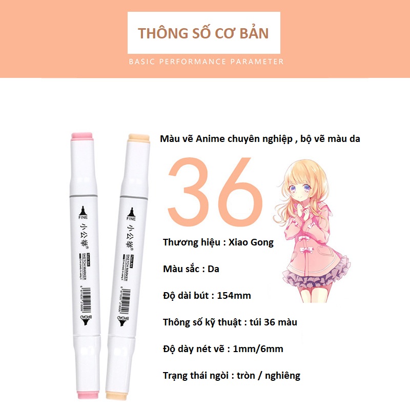 Bộ bút Marker 36 cây màu da , màu nude Touch dạng túi vải tô màu Anime , chân dung mỹ thuật cho mọi lứa tuổi