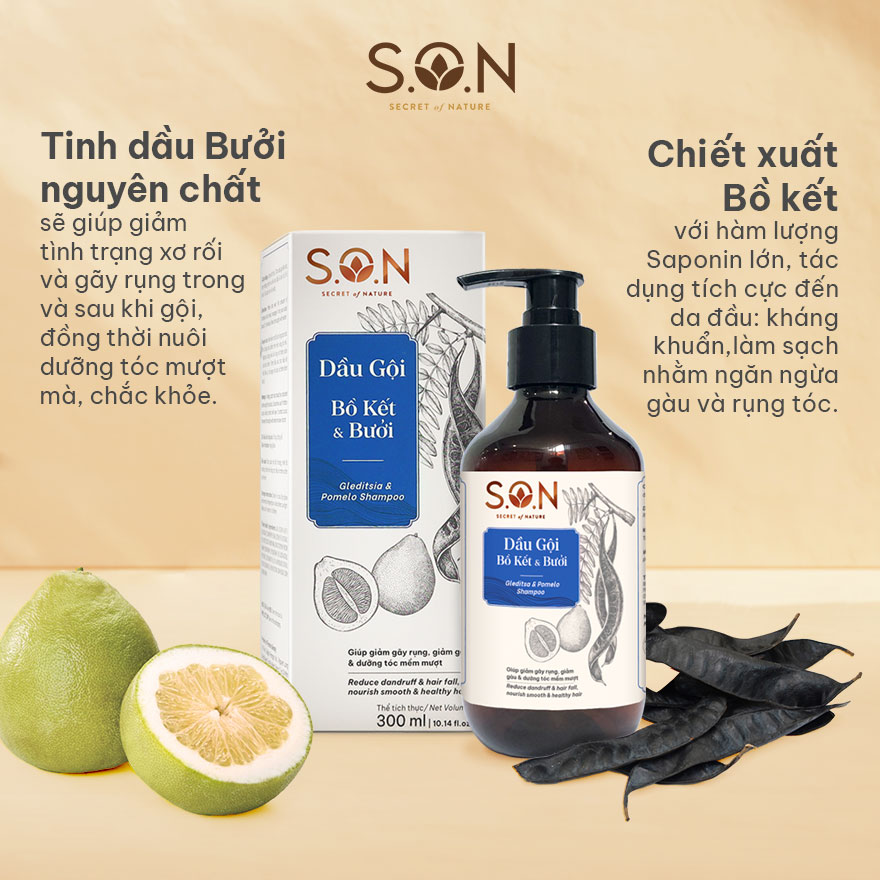 Dầu gội bồ kết &amp; bưởi S.O.N giảm gãy rụng, giảm gàu, dưỡng mượt tóc 300ml