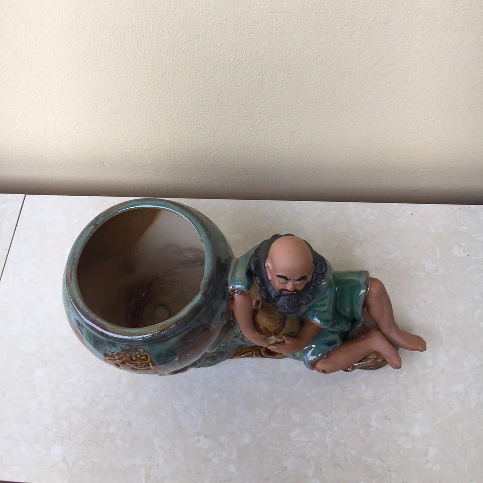 Chậu tượng Tiên say men màu xanh ngọc gốm Bát tràng 1 size CT-15
