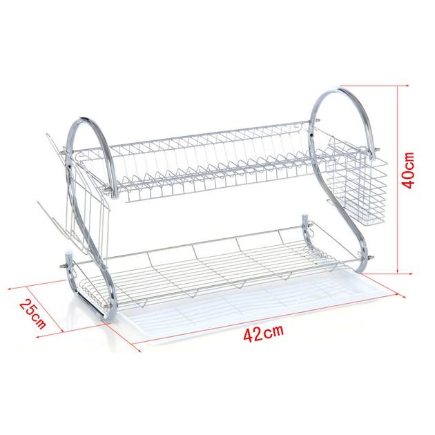 Kệ để chén đĩa 2 tầng bằng inox, Giá úp bát đĩa có ống cắm đũa tiện dụng
