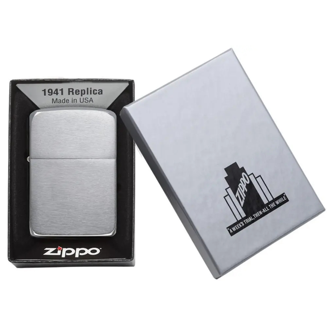 Bật lửa Zippo 1941 Replica Brushed Chrome - Bản Tái Bản Thập Niên 40 Vỏ Đồng Mạ Chrome Xước, Chính Hãng Mỹ, Bản Lề 4 Chấu